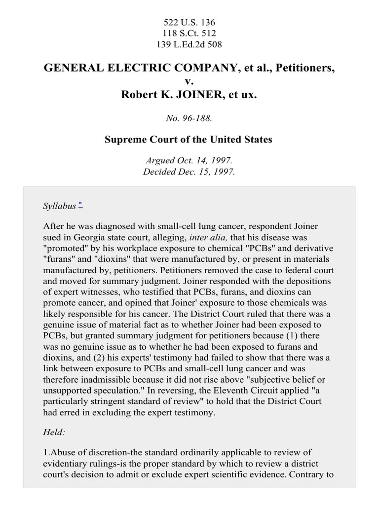 General Electric Co. v. Joiner, 522 U.S. 136 (1997) Daubert Standard Evidence (Law)