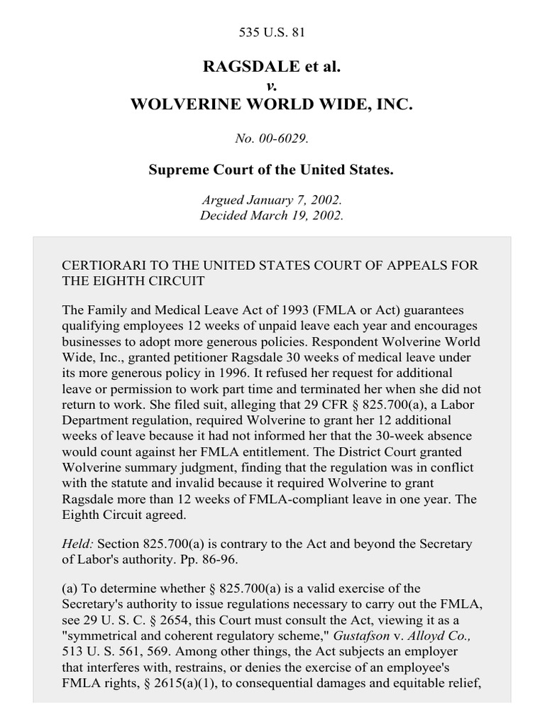 Ragsdale v. Wolverine World Wide, Inc., 535 U.S. 81 (2002) | PDF