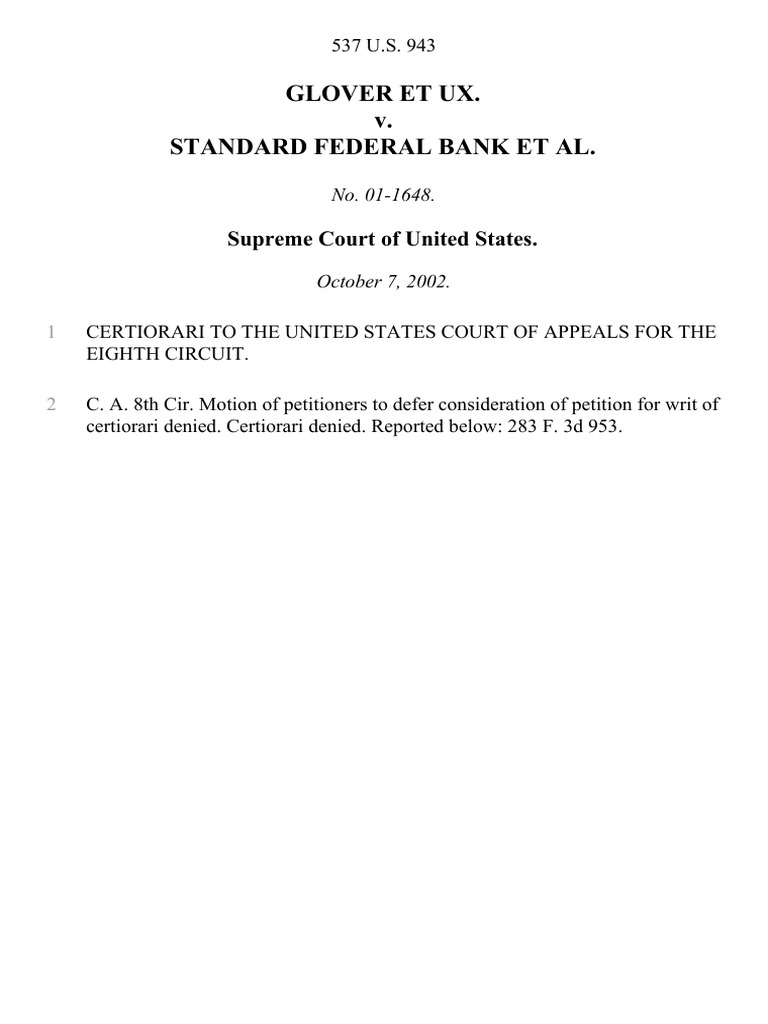 Glover Et Ux. v. Standard Federal Bank, 537 U.S. 943 (2002) | PDF