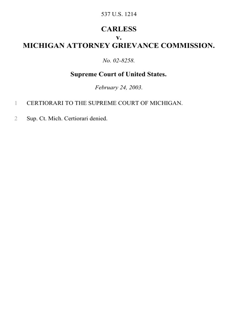 Carless v. Michigan Attorney Grievance Commission. Supreme Court of United States PDF