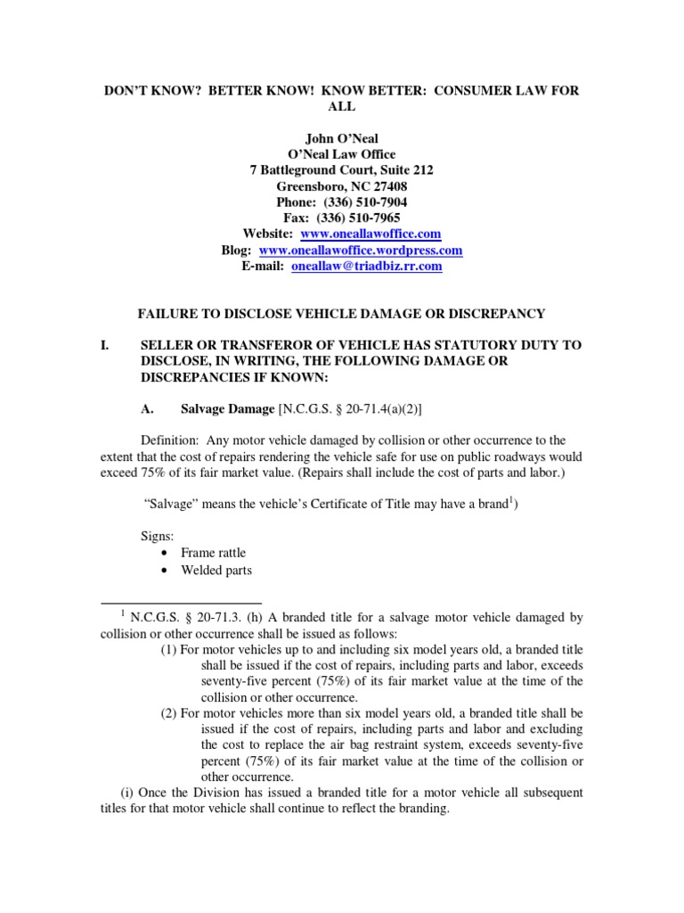 NC Vehicle Damage Disclosure Guide | PDF | Conversion (Law) | Repossession