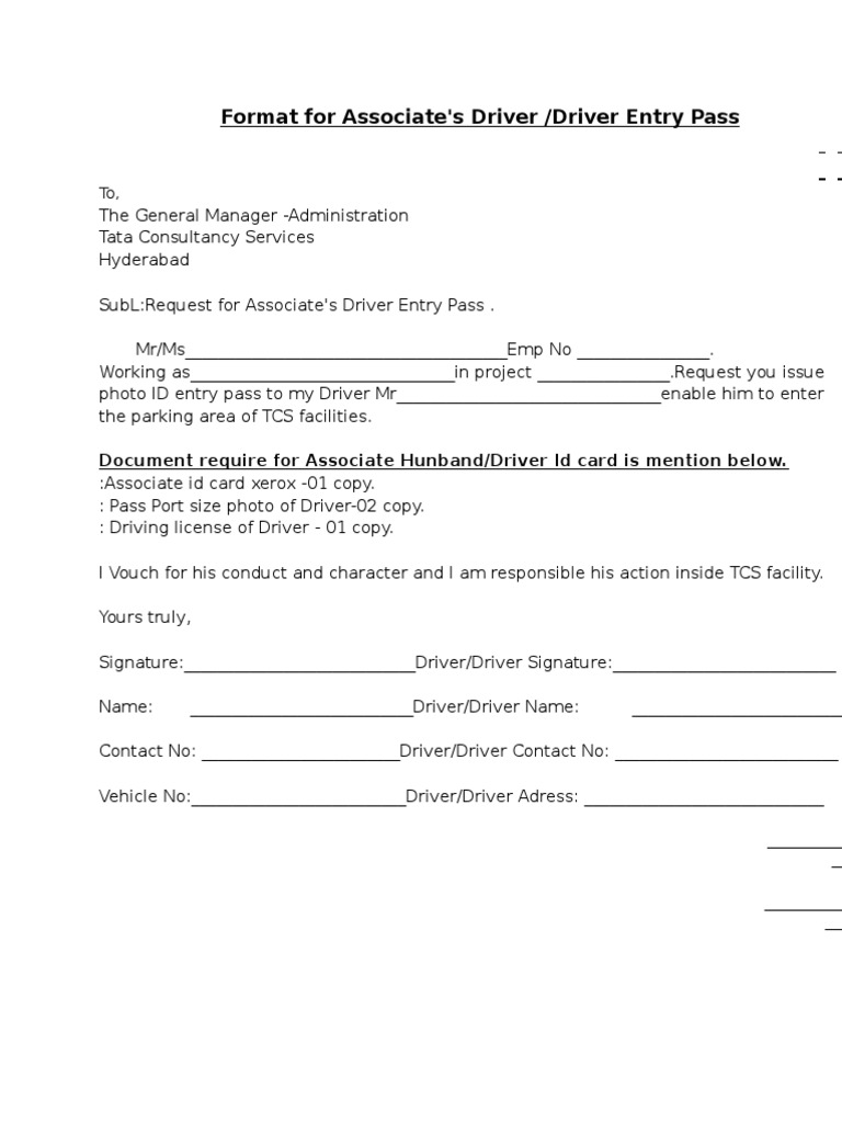 TCS Associate Driver Entry Pass Format | PDF