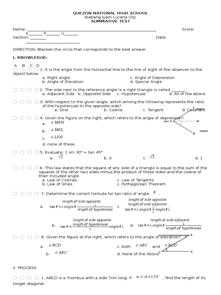 Summative Test Trigonometry Trigonometric Functions Triangle