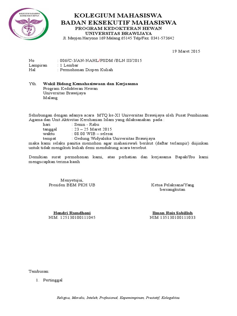 Contoh Surat Dispensasi Siswa