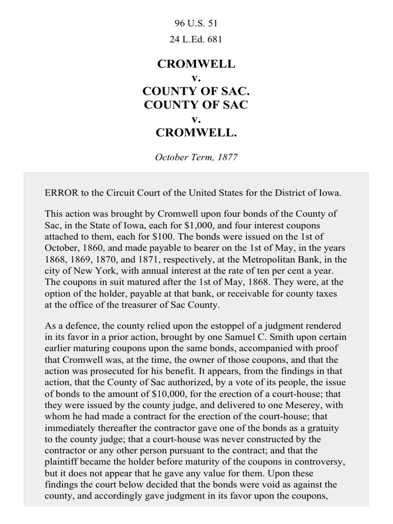 Cromwell v. County of Sac, 96 U.S. 51 (1878) Download Free PDF