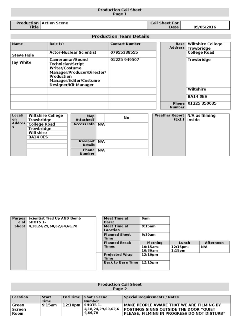 Production Call Sheet May 5th 2016 | PDF | Science & Mathematics