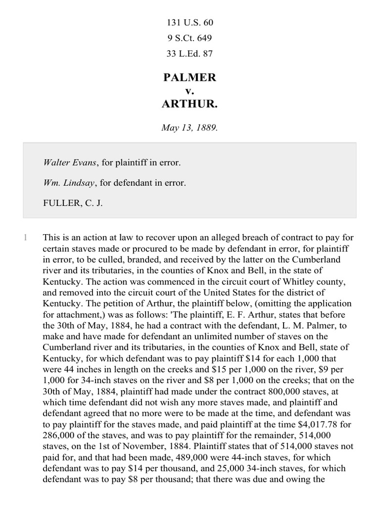 Palmer v. Arthur Contract Dispute Summary | PDF | Lawsuit | Legal Procedure