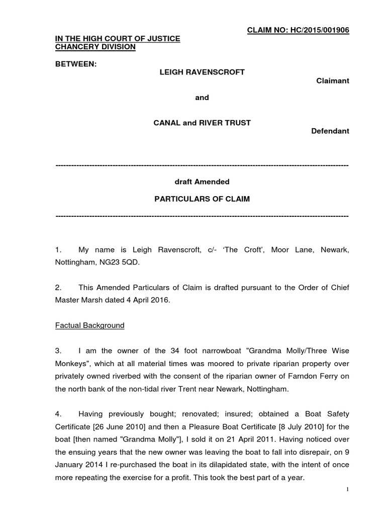 Ravenscroft Draft Amended Particulars Of Claim Pdf