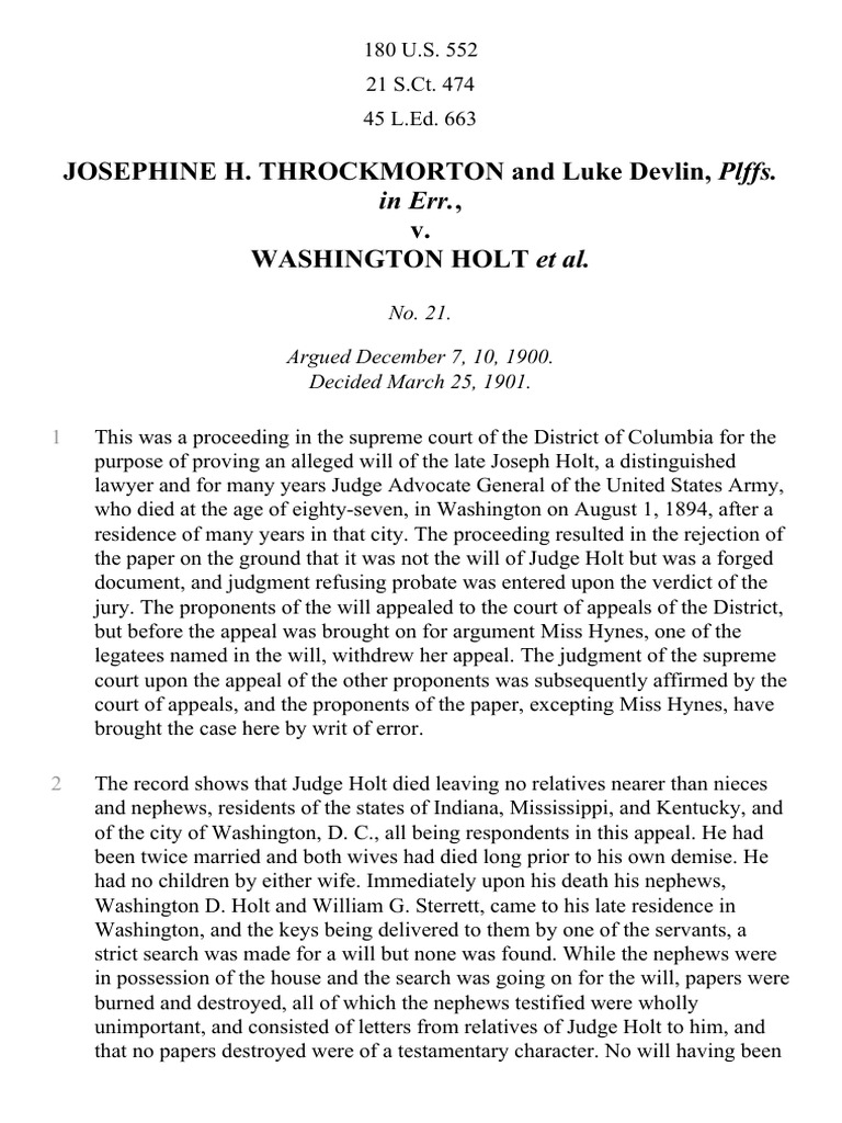 Throckmorton v. Holt, 180 U.S. 552 (1901) Evidence (Law) Will And
