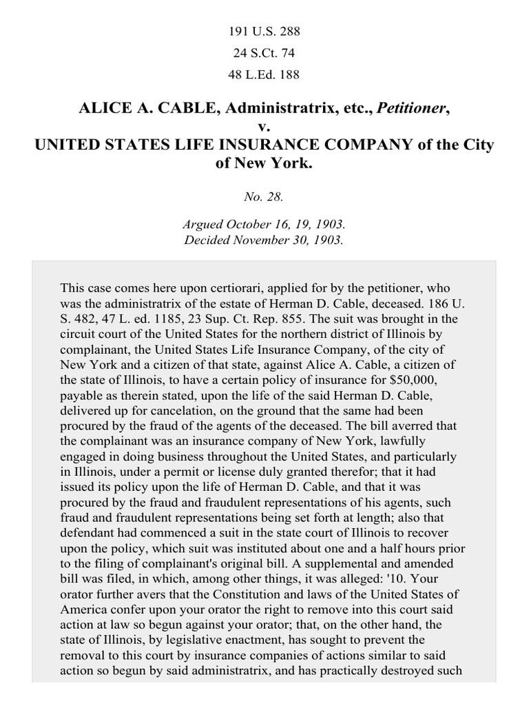 Cable V United States Life Ins Co 191 U S 288 1903 Download