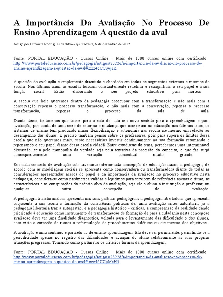 Avaliação no Processo de Ensino-Aprendizagem | PDF | Pedagogia | Escolas