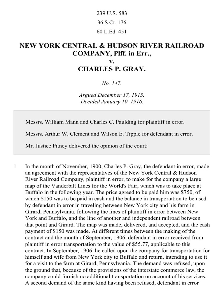 New York Central & Hudson River Railroad COMPANY, Plff. in Err., v. Charles P. Gray Lawsuit