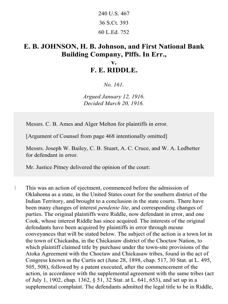 Johnson v. Riddle, 240 U.S. 467 (1916) PDF Choctaw Lease