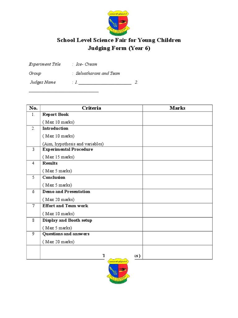 School Level Science Fair Judging Form 2016 Experiment Evaluation