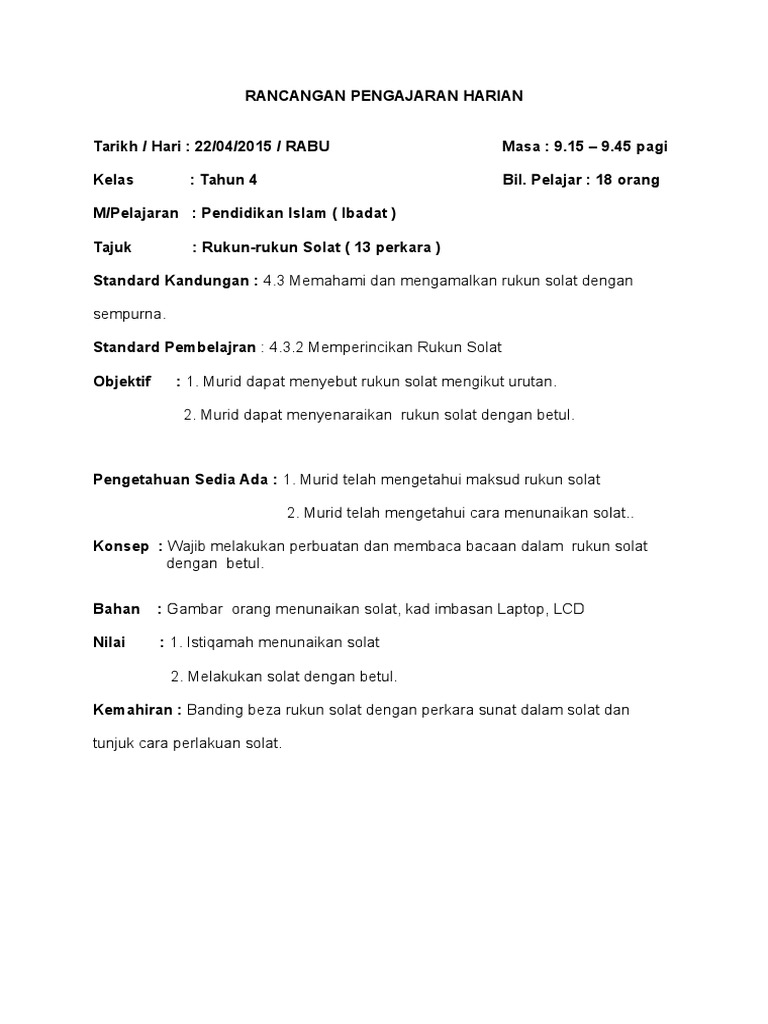 Rancangan Pengajaran Harian Rukun Solat Pdf