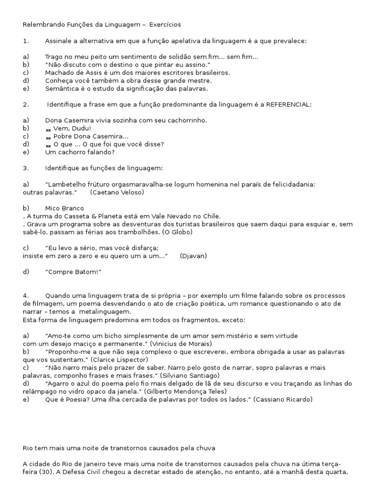 Funções Da Linguagem Exercícios 9 Ano