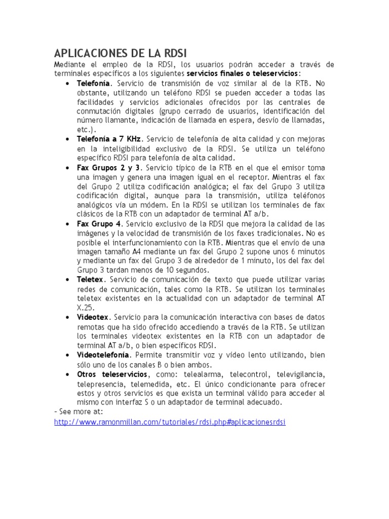 Aplicaciones y características de RDSI | PDF | Red Telefónica Conmutada ...