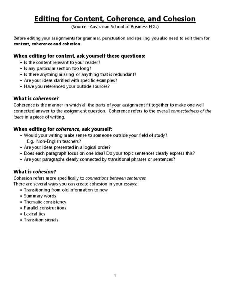 Editing for Coherence and Cohesion | PDF | Question | Sentence ...