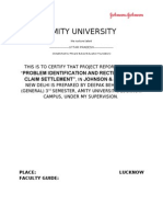 Amity university Summer training Project PROBLEM IDENTIFICATION AND RECTIFICATION IN CLAIM SETTLEMENT”, IN JOHNSON & JOHNSON,  SHISH RAM KHARESIYA LAKHANI BDE Pristine PLUS+