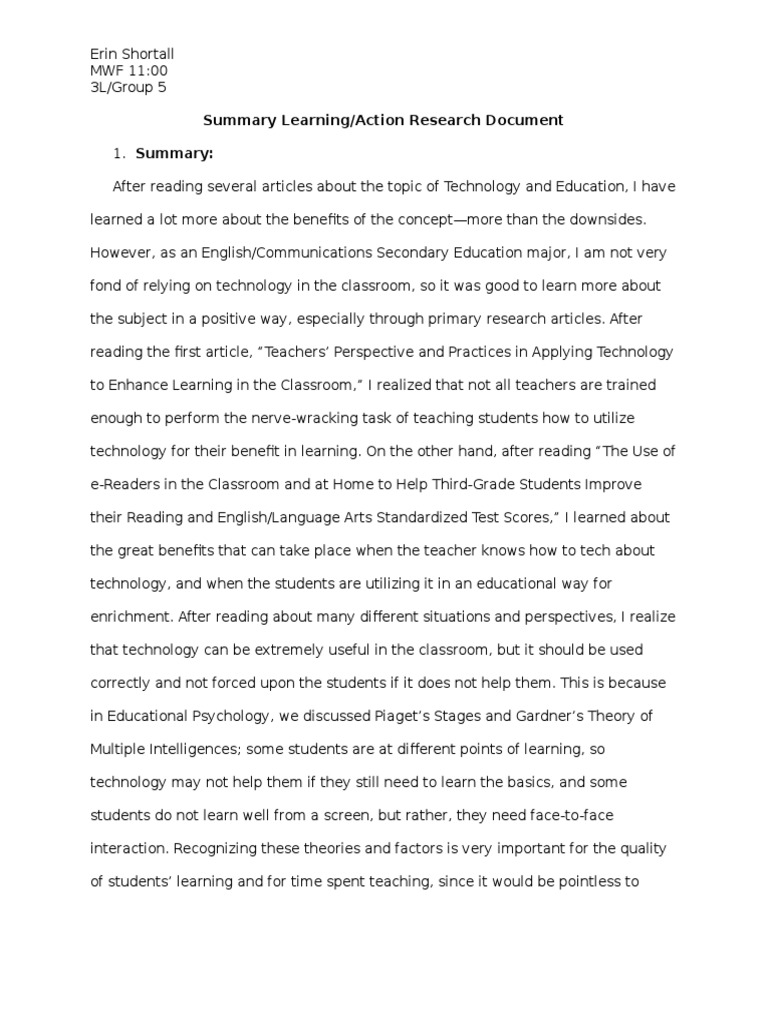 Summary Learning Action Research Document | PDF | Educational ...