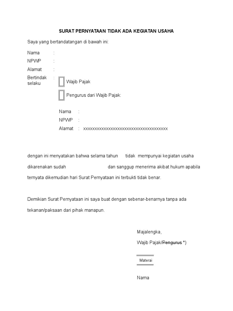 Surat Pernyataan Tidak Ada Kegiatan Usaha