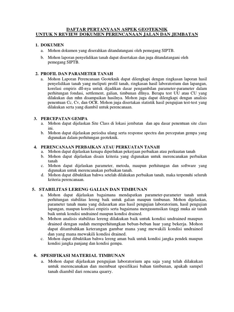 Daftar Pertanyaan Aspek Geoteknik Untuk Perencanaan Jalan Jembatan