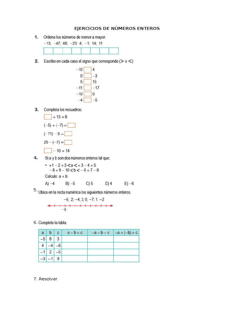 Ejercicios de Números Enteros | PDF