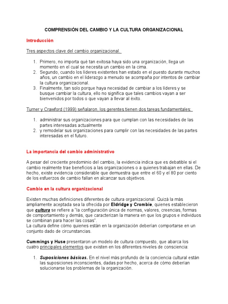 Cambio y Cultura Organizacional: Claves y Modelos | PDF | Gestión del ...