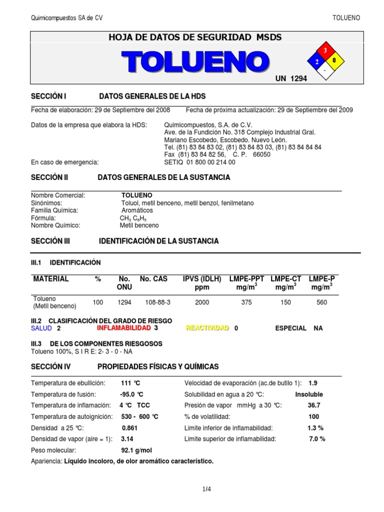 TOLUENO | Mercancías peligrosas | Oxígeno