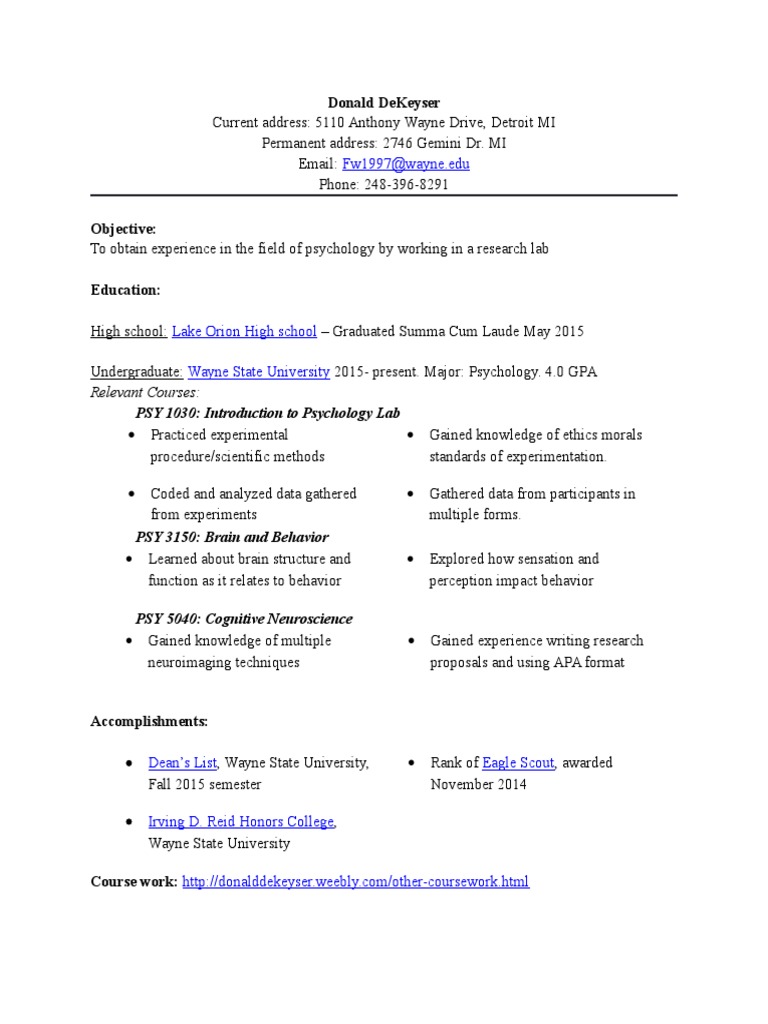 Donald DeKeyser's Psychology Resume | PDF | Career & Growth
