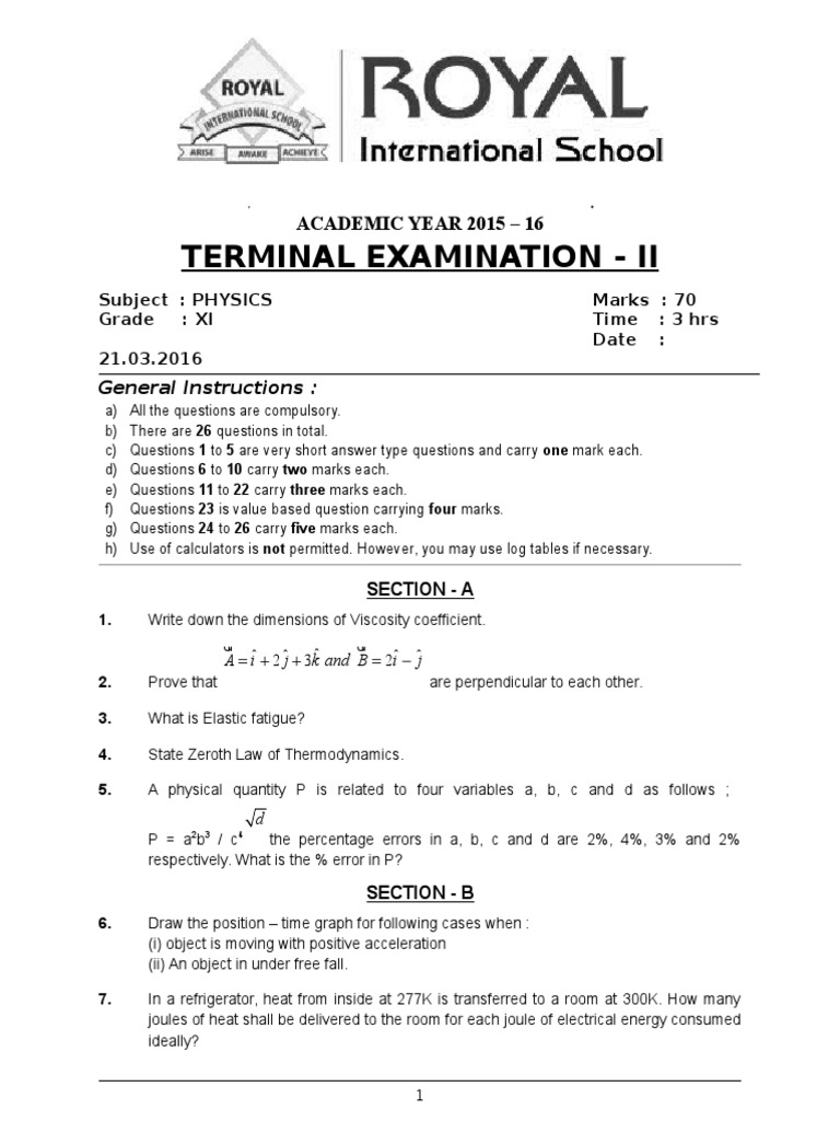 Xi Physics Terminal Examination II PDF Mass Heat