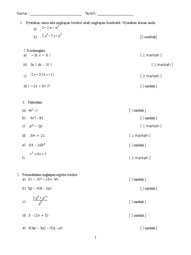 Soalan dan Latihan Ungkapan Algebra | PDF