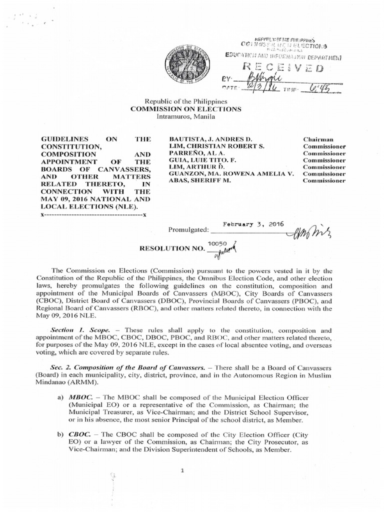 Guidelines of the Boards of Canvassers Resolution No. 10050)