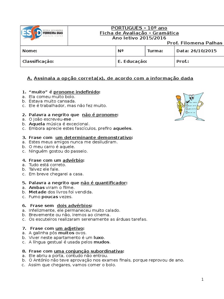 Avaliação de Gramática 10º Ano | PDF | Artes Linguísticas e Disciplina ...
