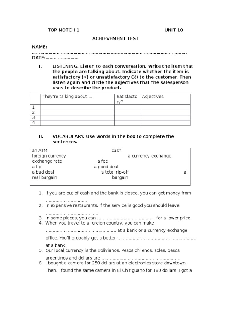 Top Notch 1 Unit 10 Achievement Test | PDF | Economies | Business