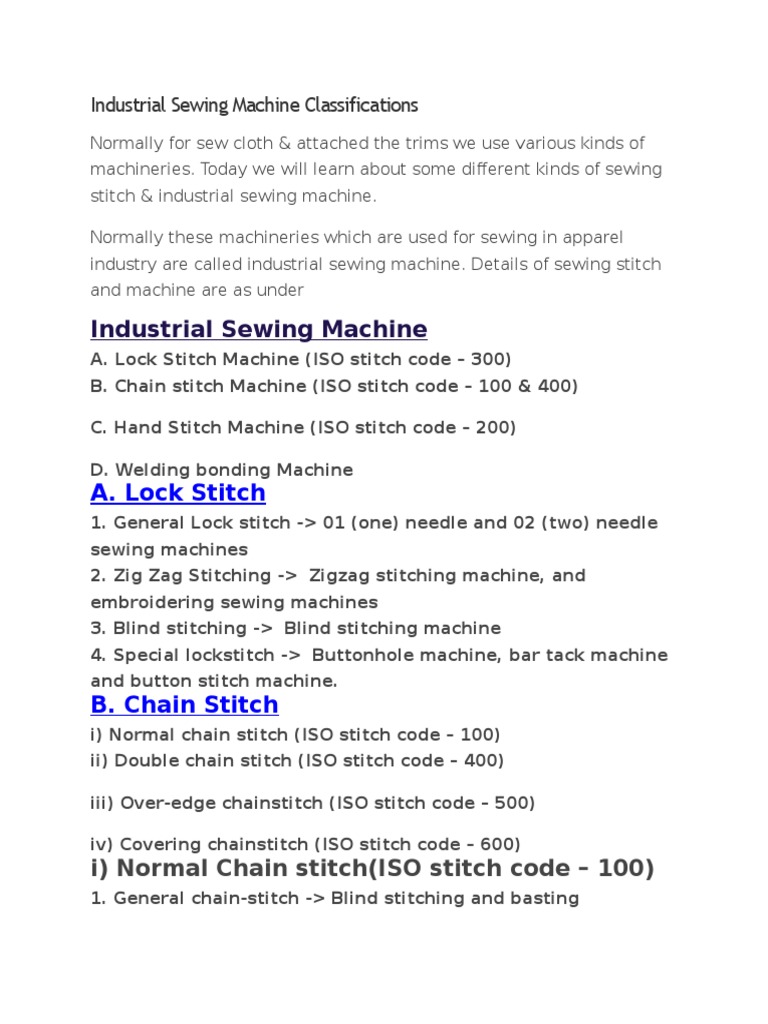 Industrial Sewing Machine Classifications PDF Sewing Machine Sewing