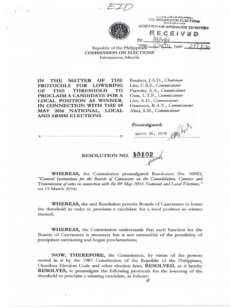 Lowering of Threshold (COMELEC Resolution No. 10102) | PDF