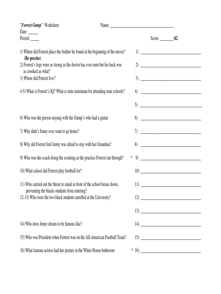 Free Worksheet Forrest Gump Worksheet forrest gump movie worksheet unrest