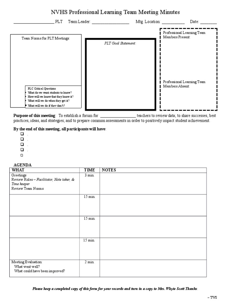 PLC Agenda and Minutes Template  PDF With Plc Meeting Agenda Template