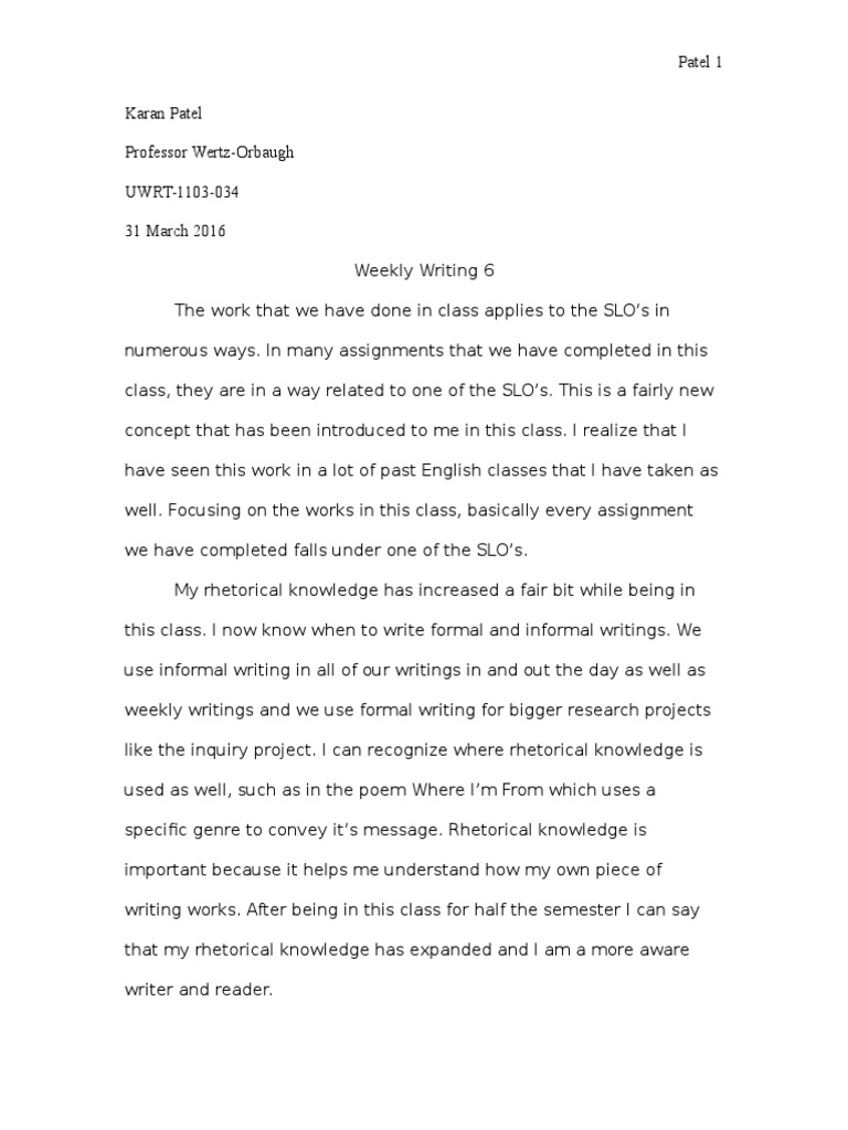 Weekly Writing 6 UWRT-1103-034 | PDF | Knowledge | Communication