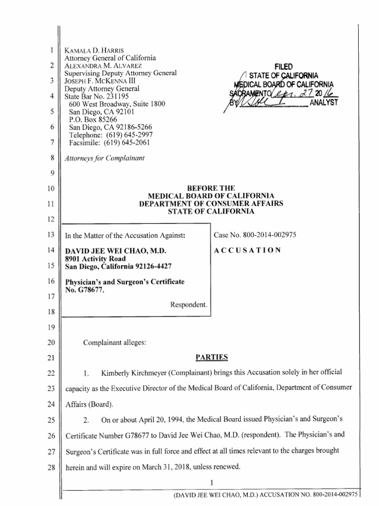 CA Medical Board Complaint Against David Chao PDF