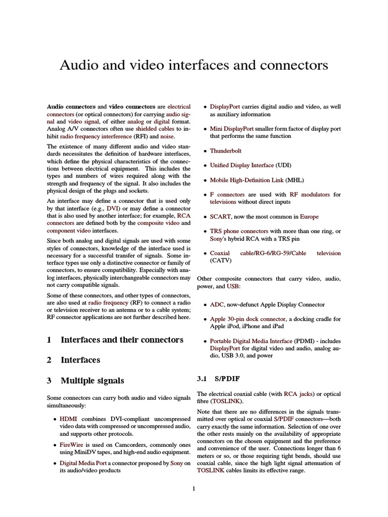 Audio and Video Interfaces and Connectors PDF Hdmi Electrical