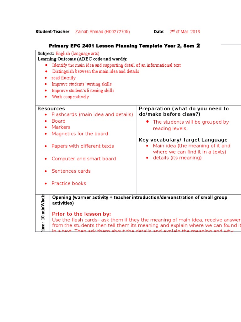 3rd Lesson Plan Main Idea and Details PDF Lesson Plan Educational