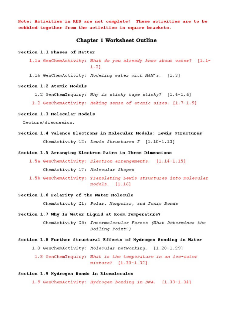 worksheet Making Molecular Models Worksheet chapter 1 worksheet outline chemical polarity properties of water
