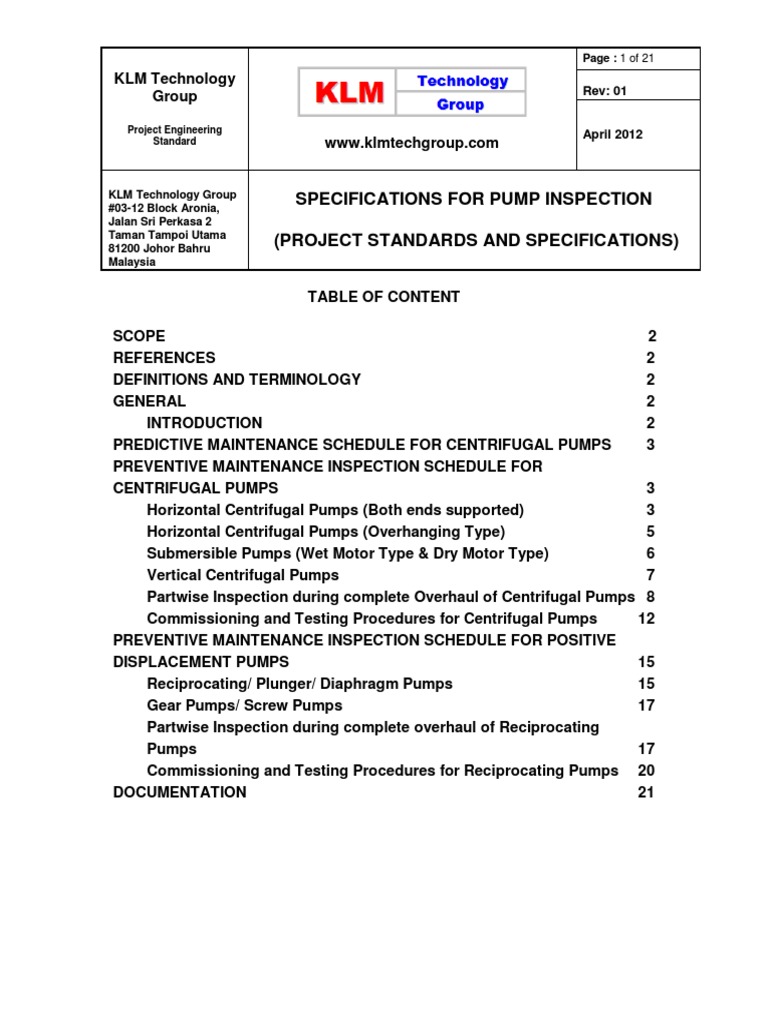 Specifications For Pump Inspection (Project Standards and ...