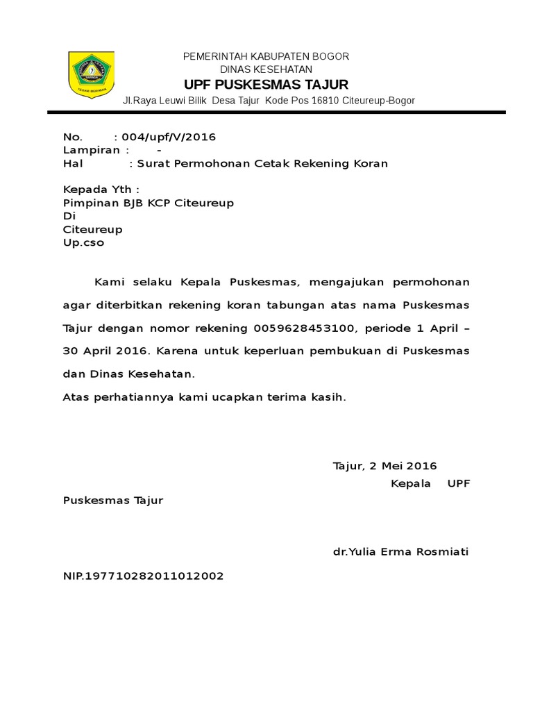 Surat Permohonan Cetak Rekening Koran Desa Contoh surat