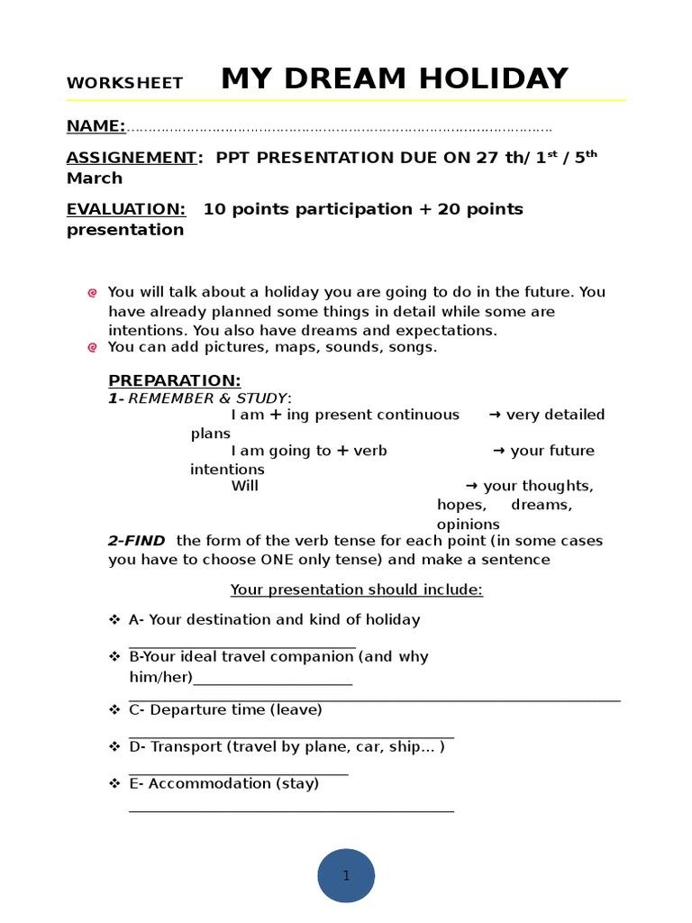 Worksheet My Dream Holiday