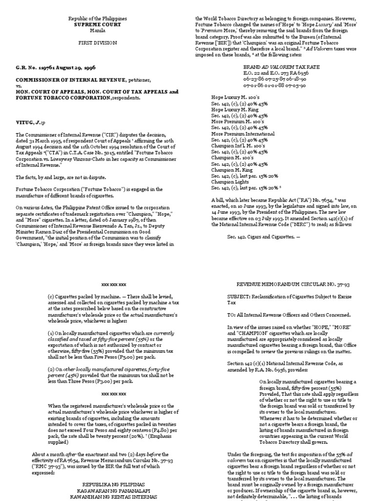 Tax CIR v. CTA and Fortune Tobacco Cigarette Internal Revenue Service