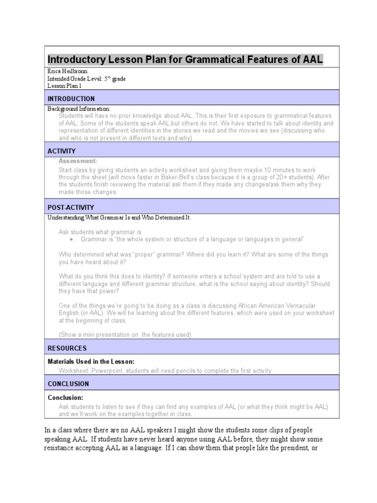 Introductory Lesson Plan For Grammatical Features of AAL: Erica ...