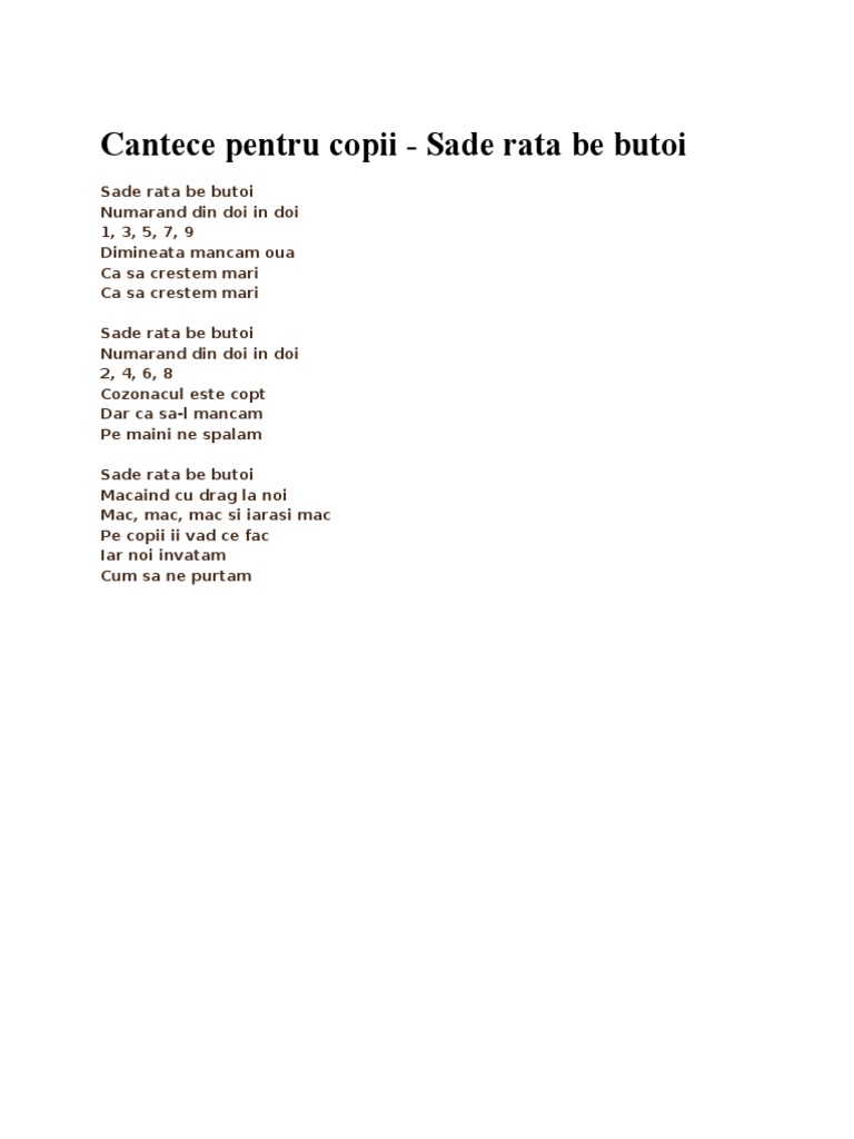 Cantece Pentru Copii - Sade Rata Be Butoi | PDF